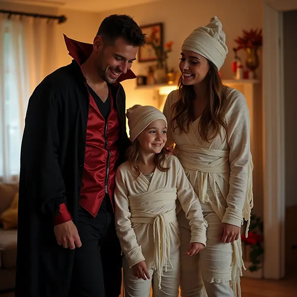 család vámpirnak és múmiának öltözve halloweenkor