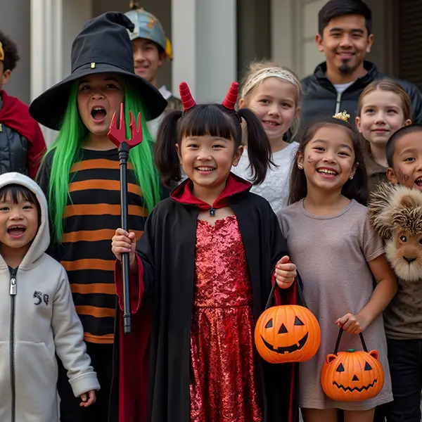 gyerekek halloween kosztümben