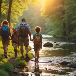műanyagmentes július, család túrázik az erdőben