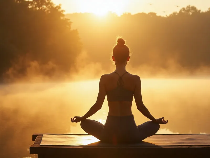 nő meditációt gyakorol a napfelkeltében